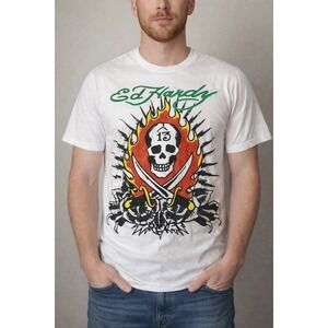 Ed Hardy Mens Skull 13 Flaming Dagger Graphic T-Shirt White L EHMB1100-37 NWT